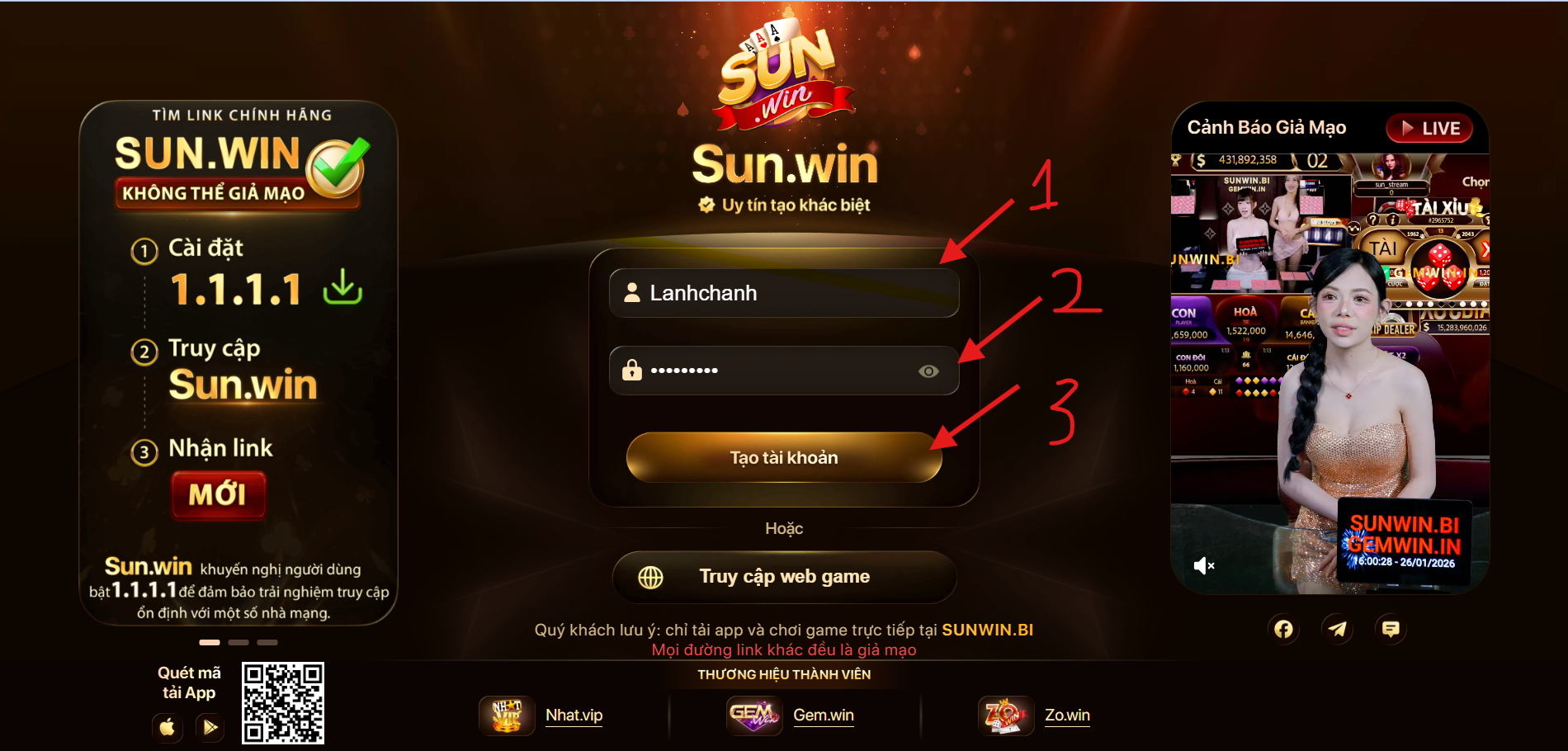 Điền thông tin đầy đủ để tạo tài khoản Sunwin